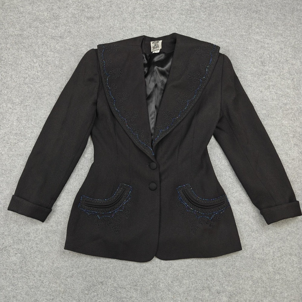 Vintage Zelda Blazer Womens 6 Black Wool Beaded Embroidered Collar Lined Pockets